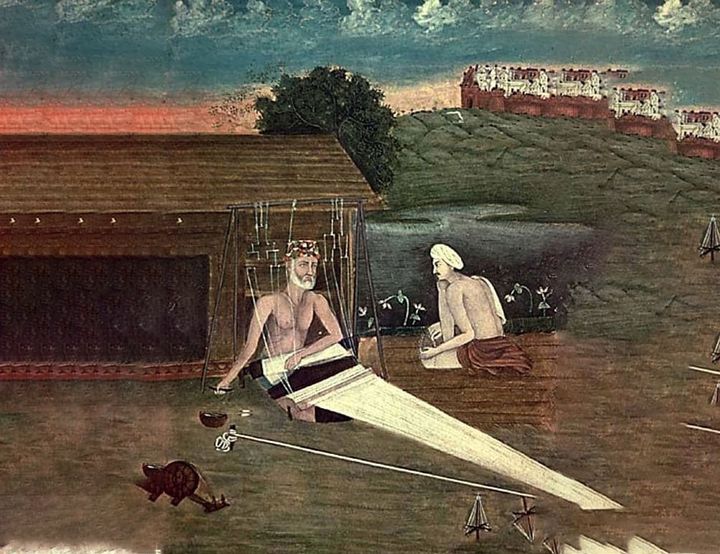 Kabir weaving fabric and discussing his teachings with a disciple 